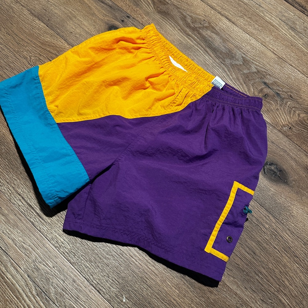 Vintage Winners Purple Yellow Teal Colorblock Swim Shorts Mens Medium